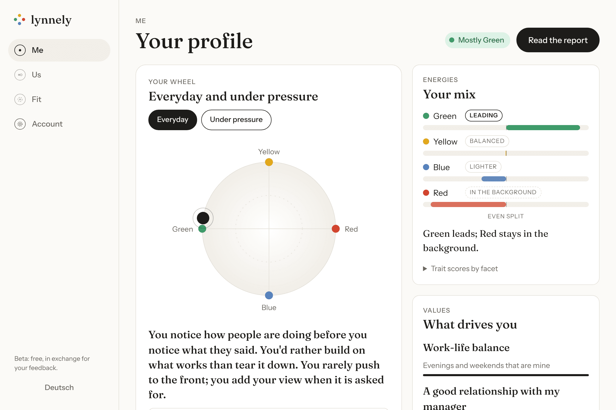 The Me dashboard on a wide screen: the wheel with two points, the energy mix as bars, the top three values and the report chapters as tiles.