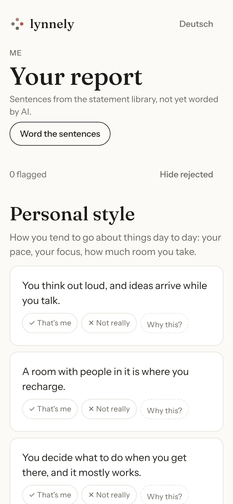 The report on a phone: the chapter Personal style, each sentence with the marks “That's me” and “Not really” and a “Why this?” link.
